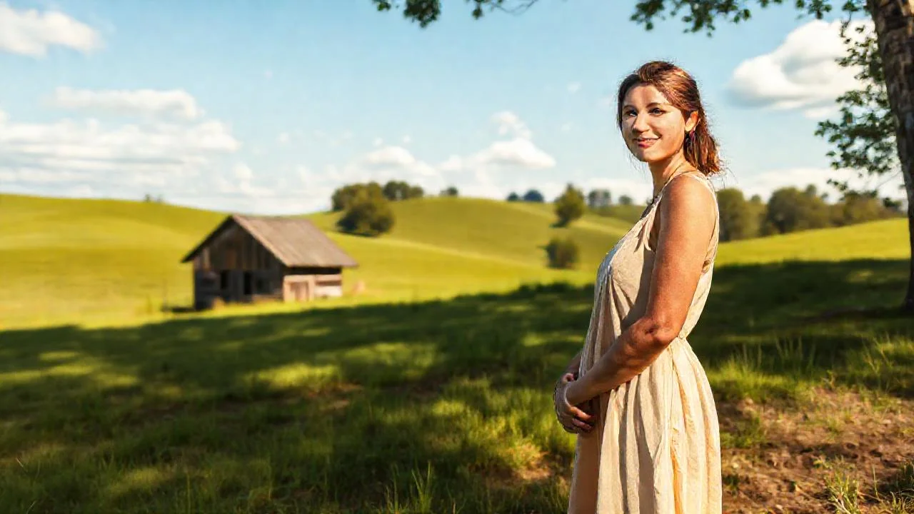 Mujer serena en paisaje rural tranquilo