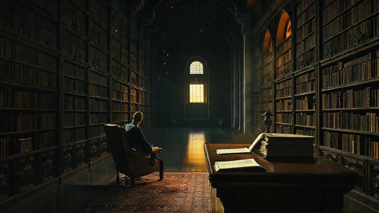 Una biblioteca antigua, silenciosa y solitaria