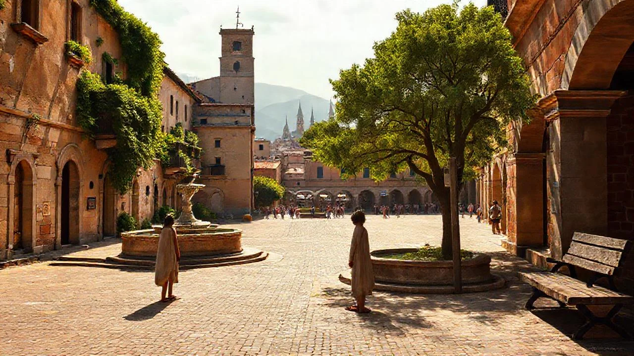 Una plaza histórica, serena y soleada