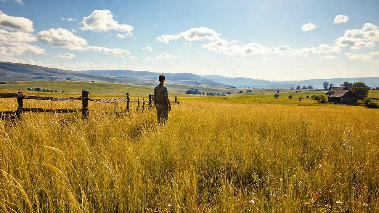 Campo sereno, figura solitaria, paz tranquila