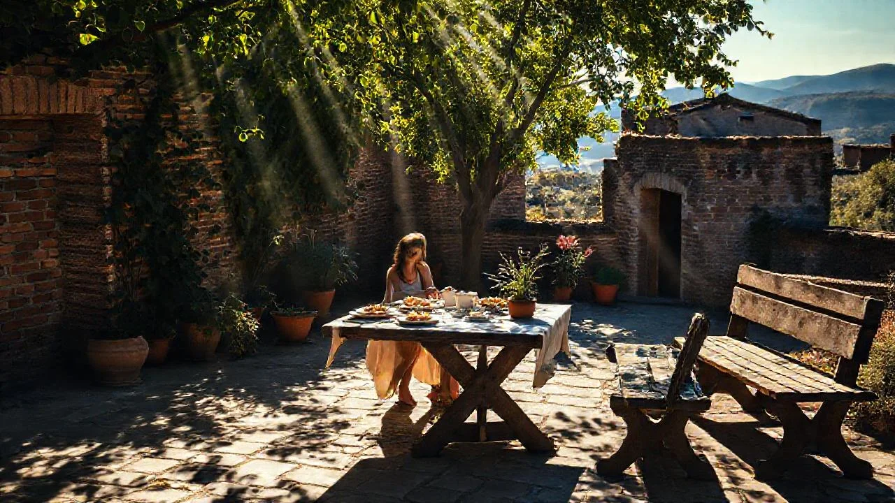 Sol, comida y quietud en un patio