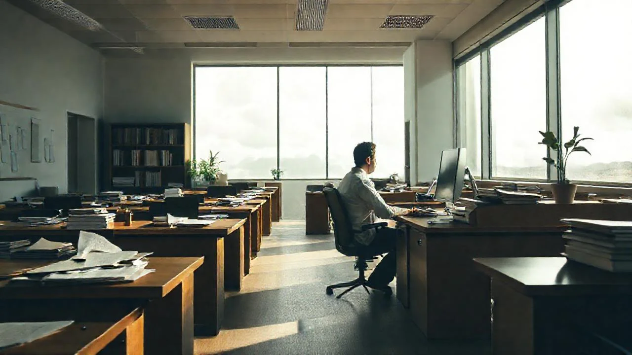 Oficina tranquila, luz suave, trabajo concentrado