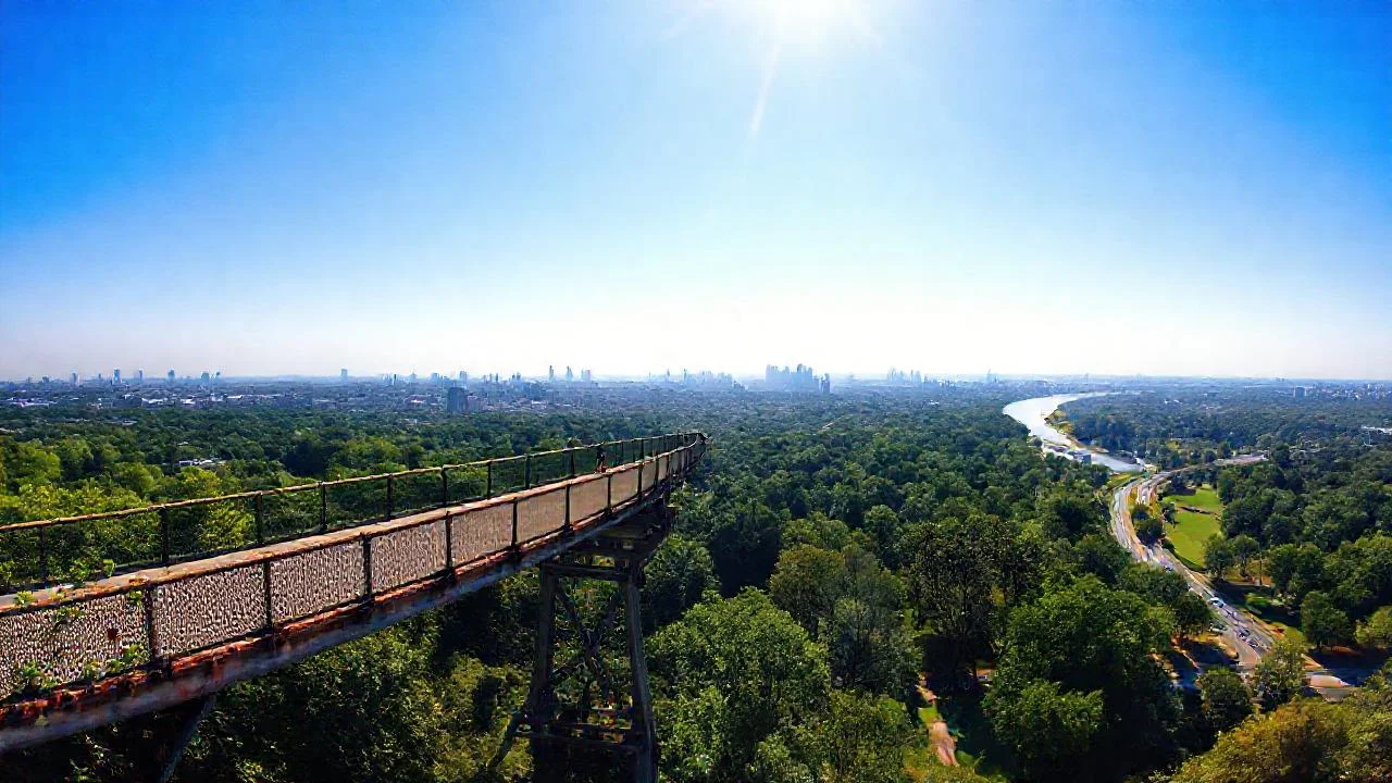 Ciudad vibrante bajo cielo azul