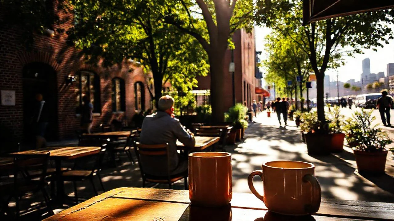Café soleado, tranquilo y urbano