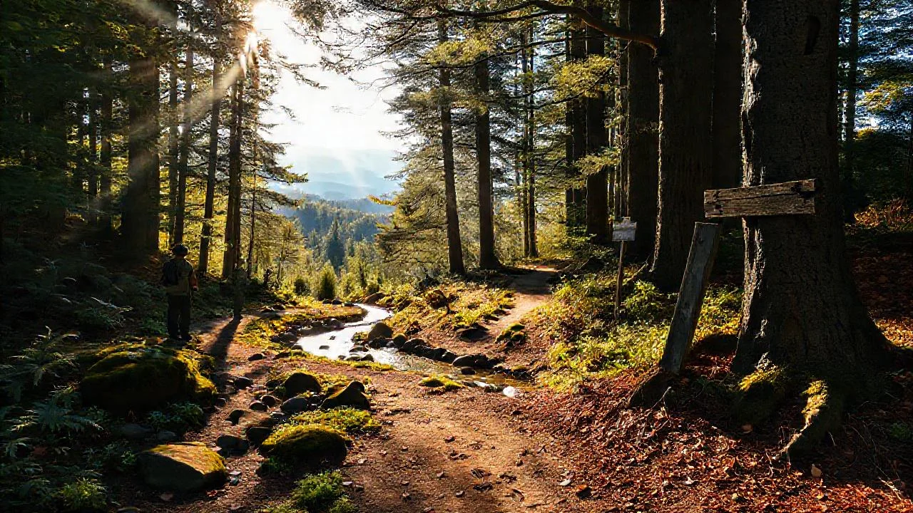 Bosque sereno y natural observa un viajero