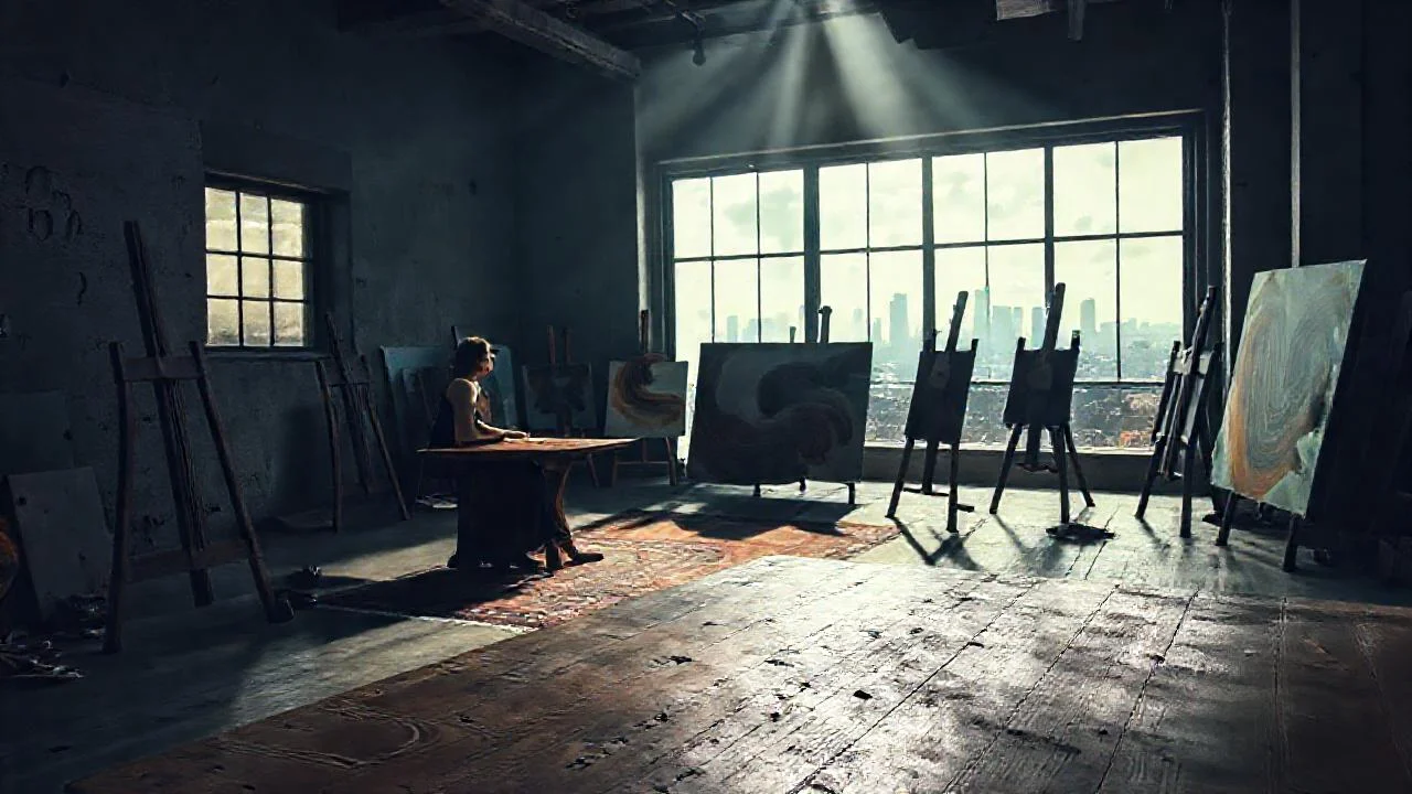 Artista contemplativa en espacio pictórico