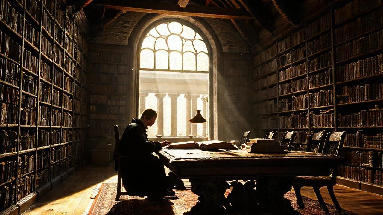 Un erudito lee en biblioteca ancestral