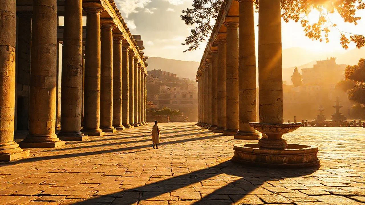 Plaza antigua, luz dorada, quietud solitaria