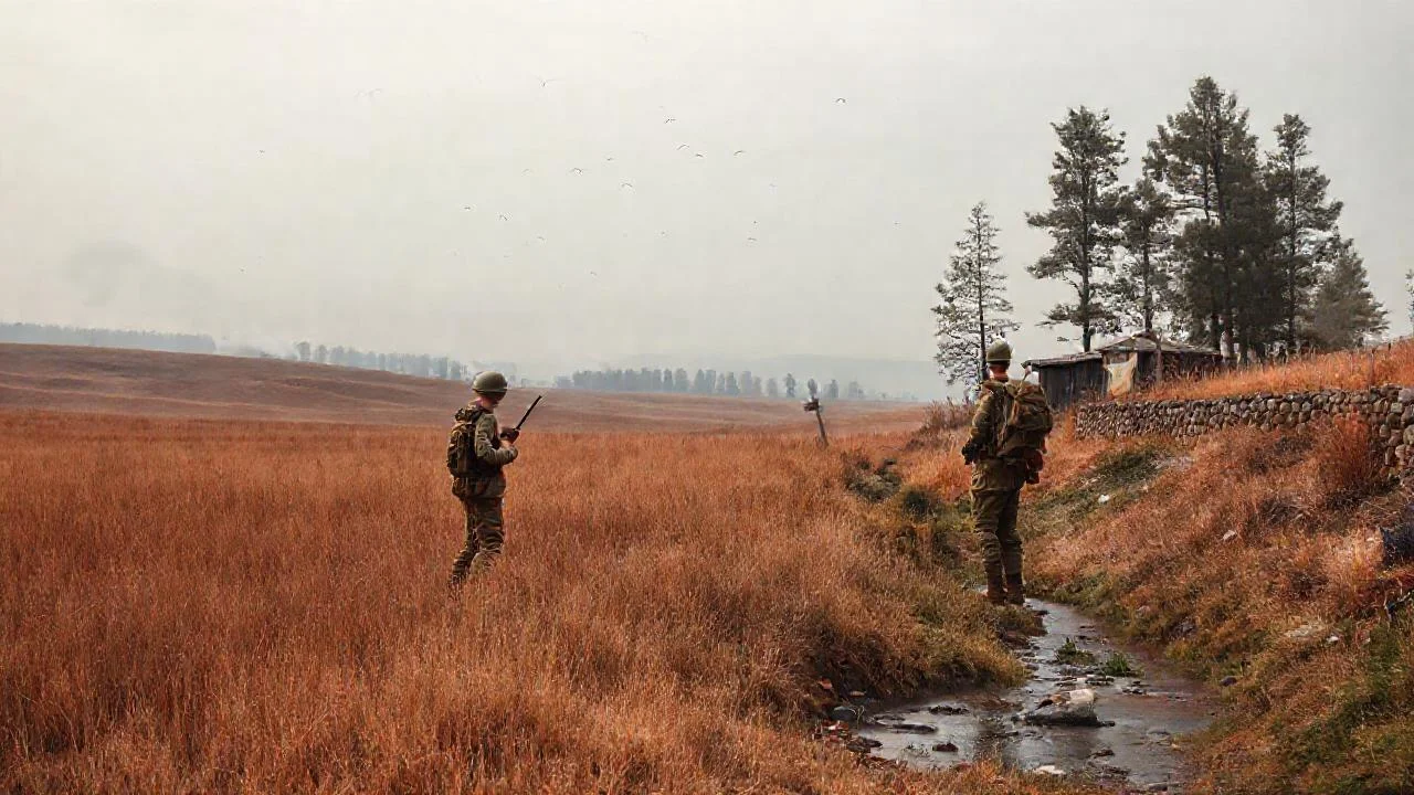 Campo árido, soldado solitario, quietud persistente