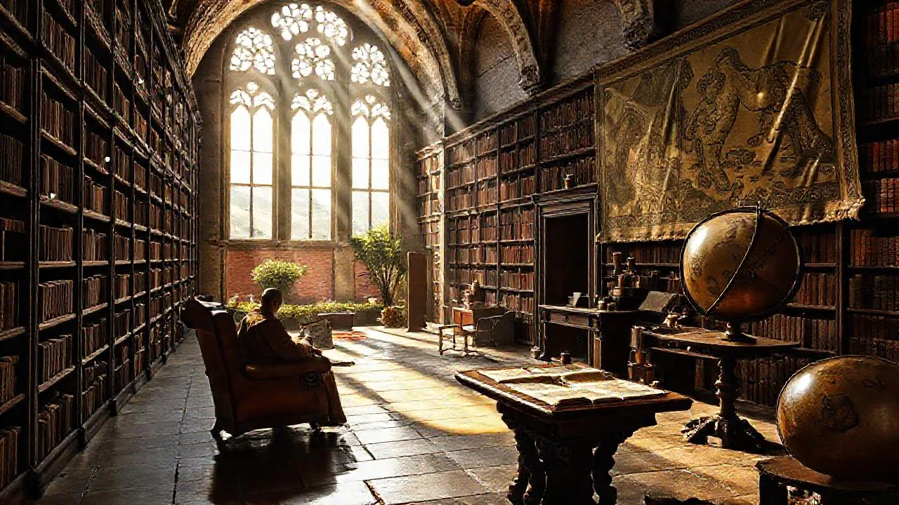 Biblioteca antigua, luz y misterio