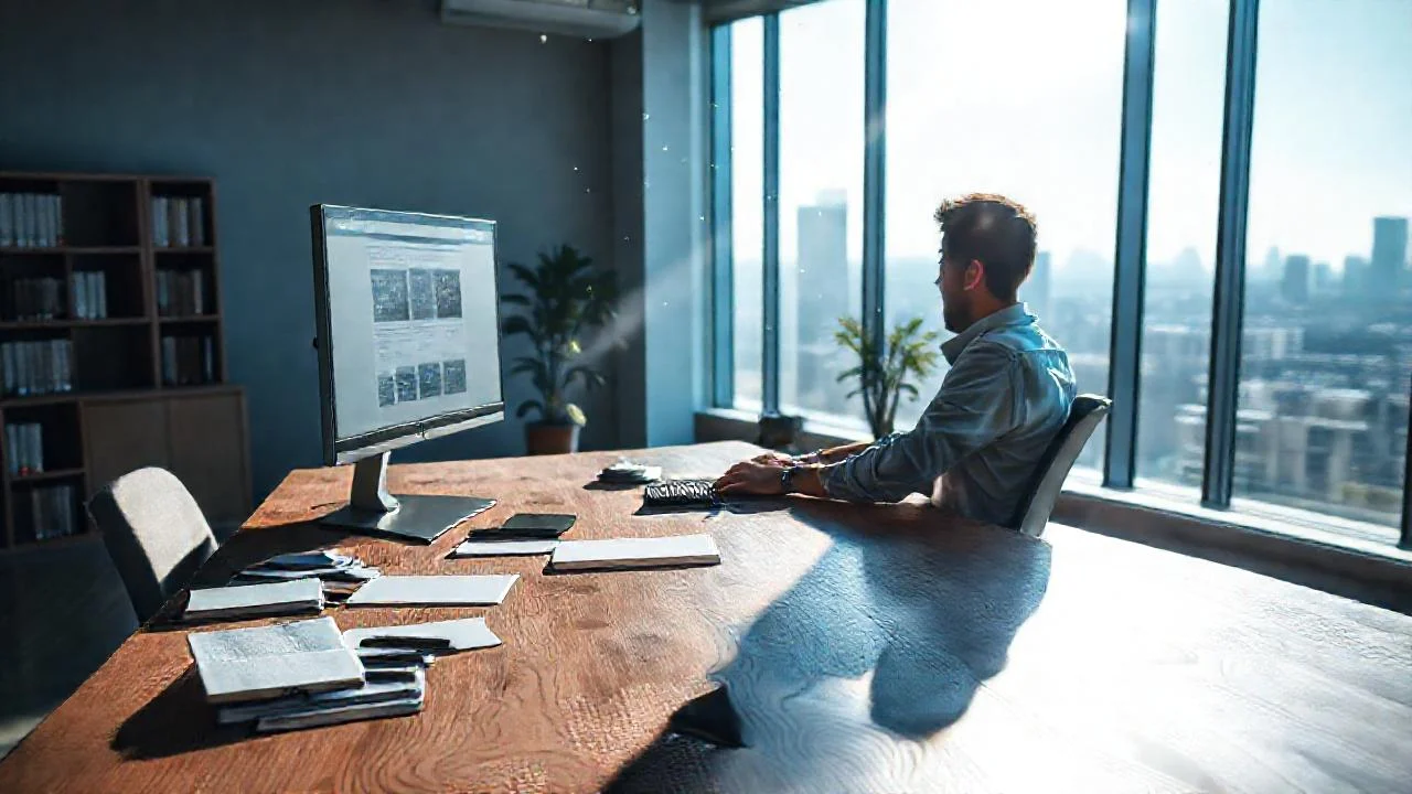 Oficina moderna, trabajo concentrado y luz