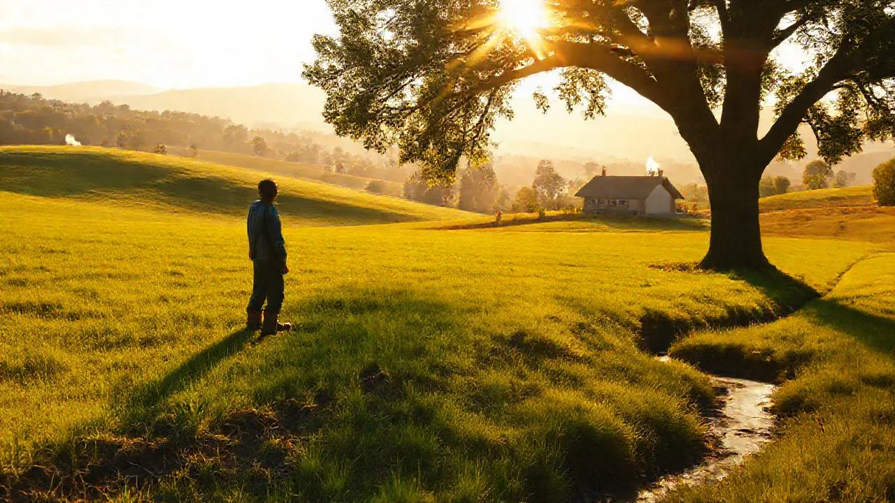Sol tranquilo, campo verde distante