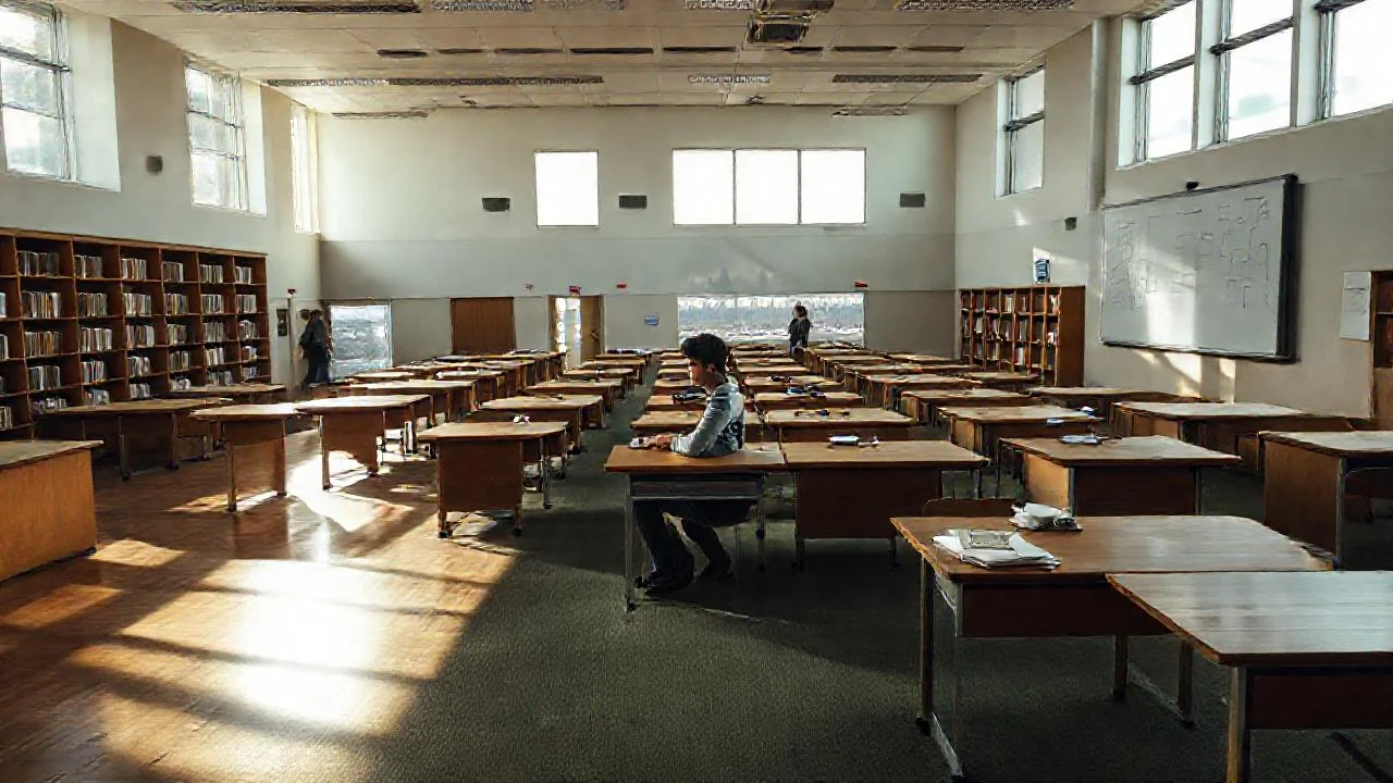 Un aula universitaria tranquila y pensativa