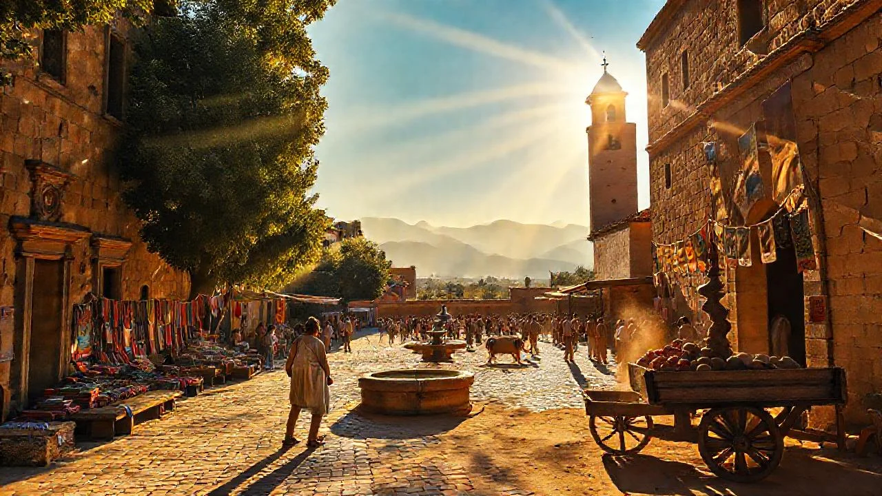 Plaza antigua, sol, tradición y vida