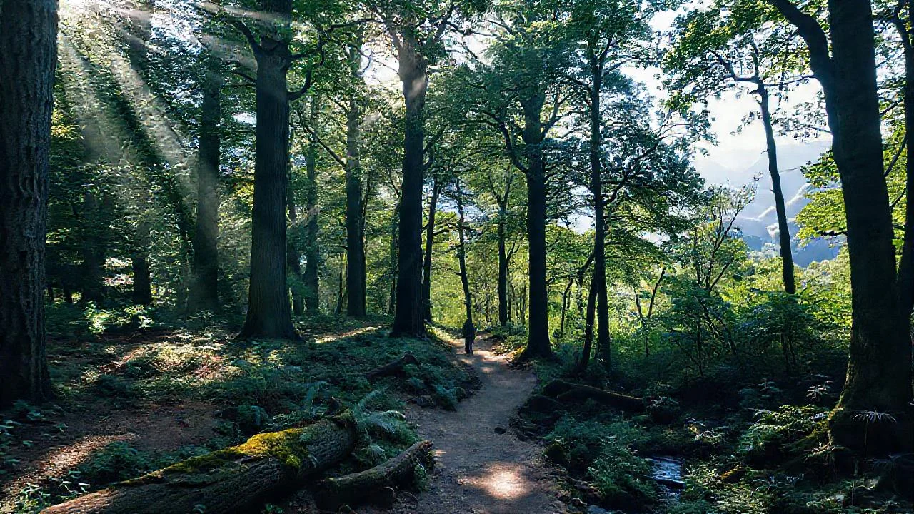 Bosque tranquilo, luz filtrada y misterio