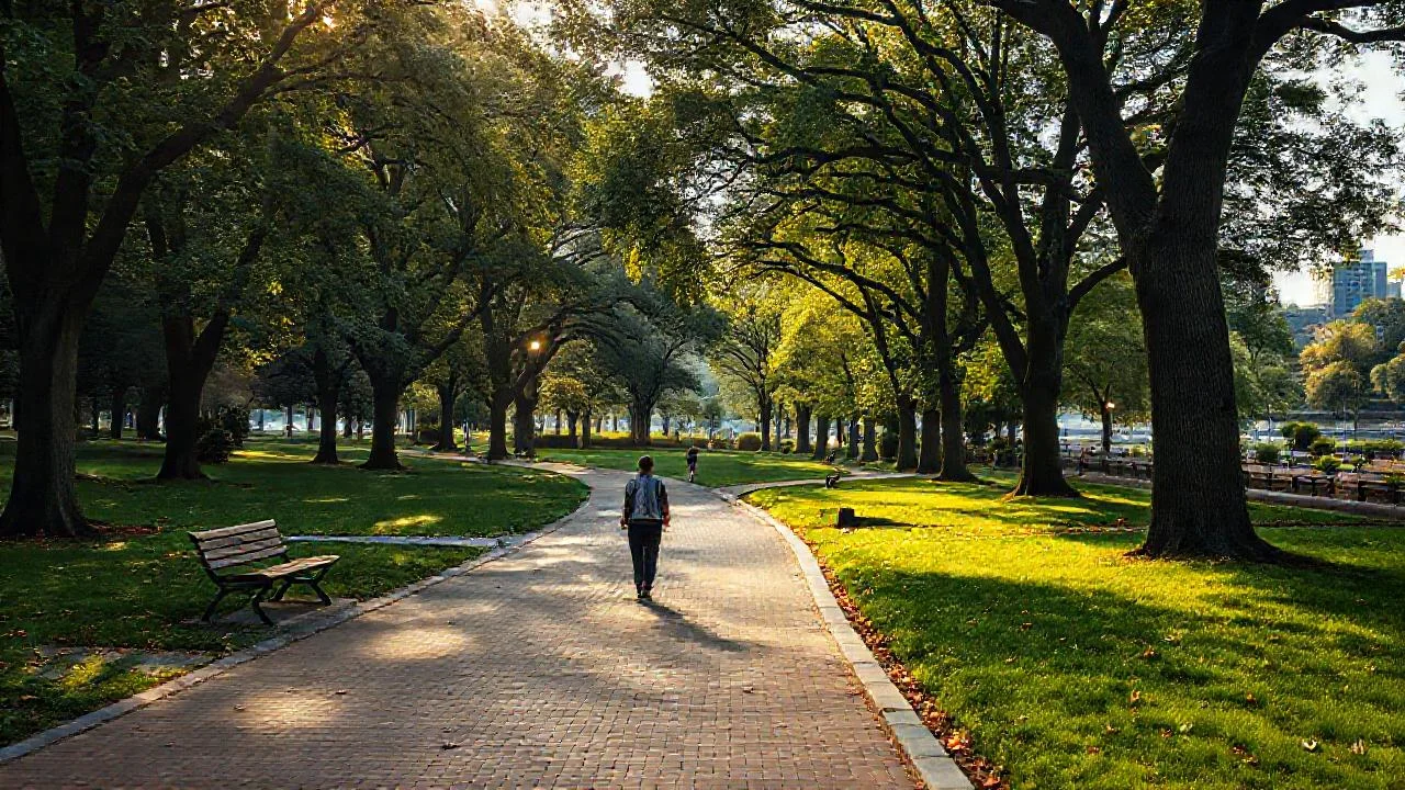 Parque urbano tranquilo al atardecer