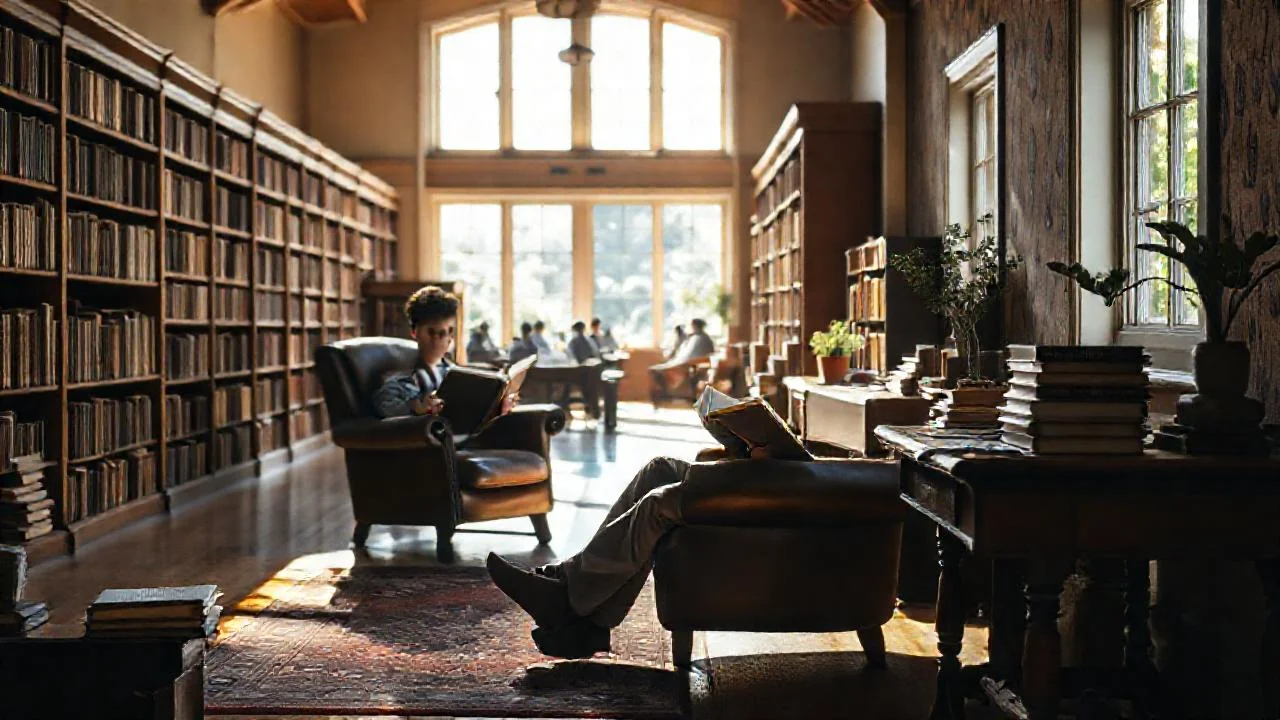 Un hombre lee en biblioteca tranquila