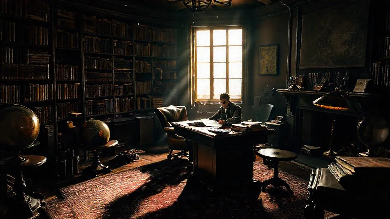 Un hombre lee, en un estudio antiguo