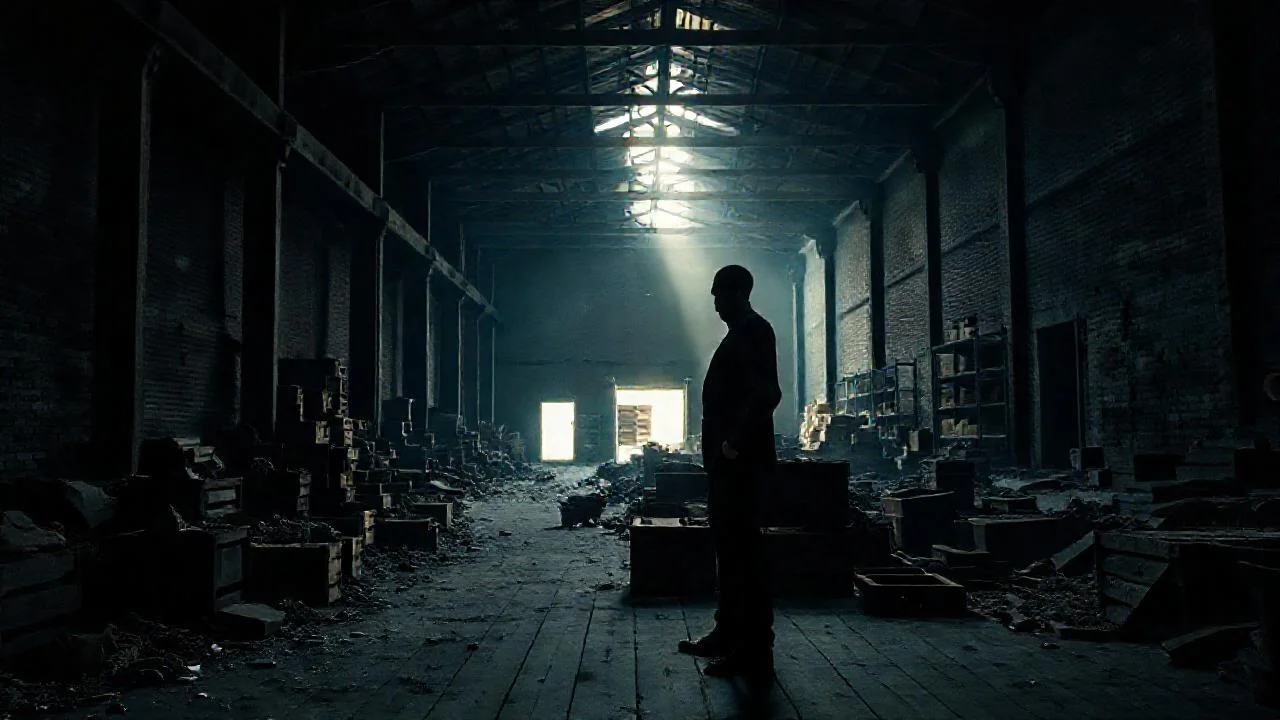 Un hombre solitario en un almacén antiguo