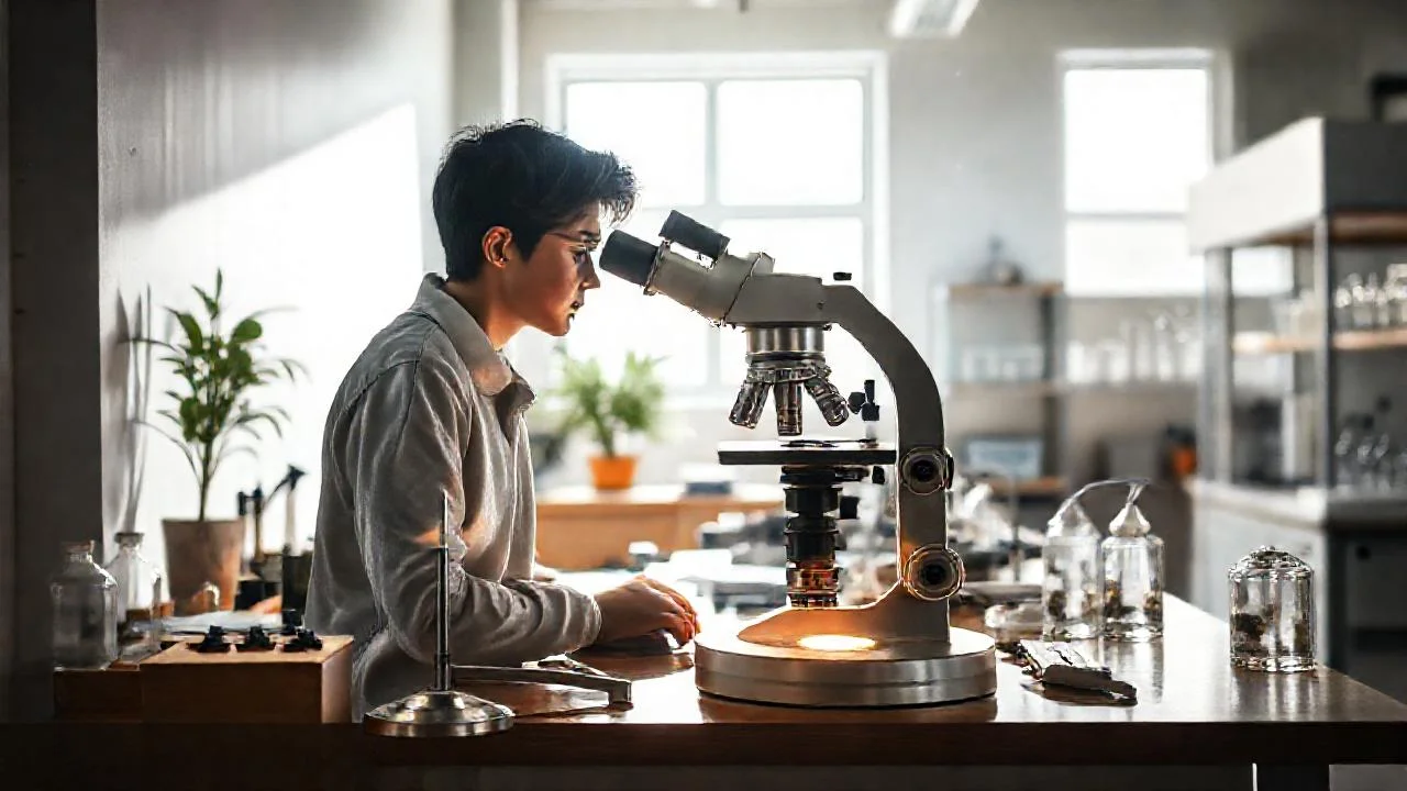 Un estudiante observa el microscopio en laboratorio