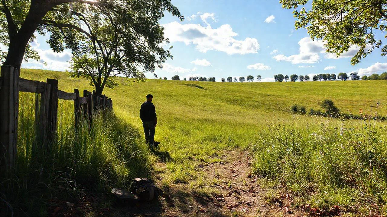 Un solitario figura observa un campo sereno