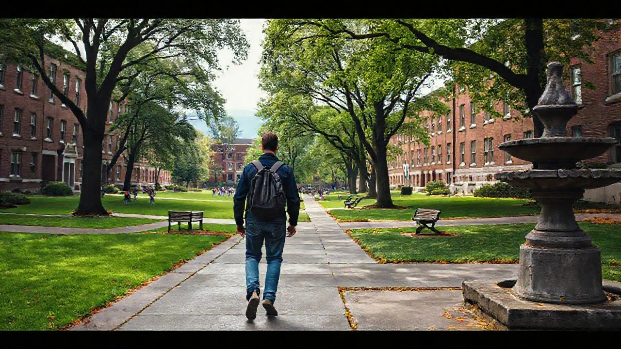 Un estudiante solitario camina en calma