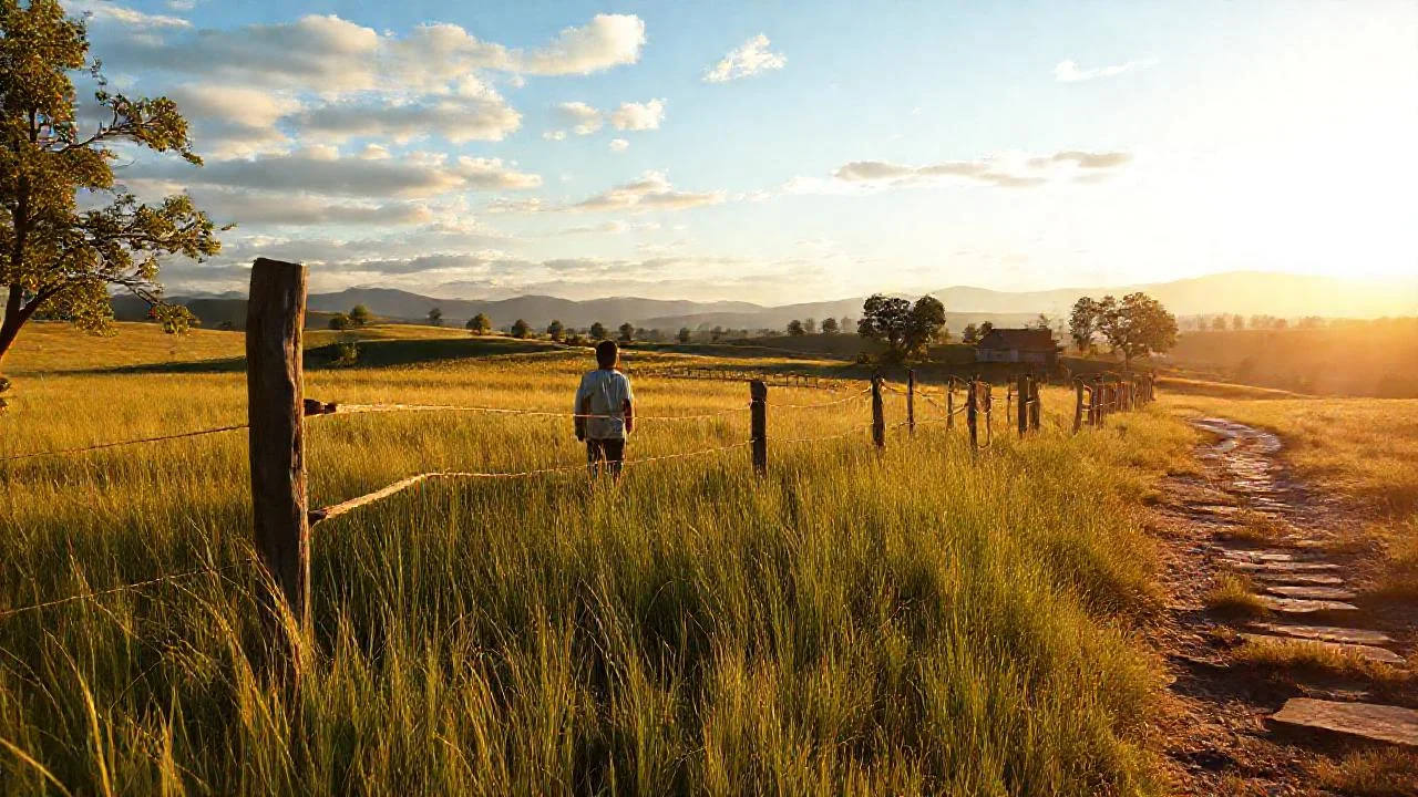 Campo tranquilo, luz dorada, figura solitaria