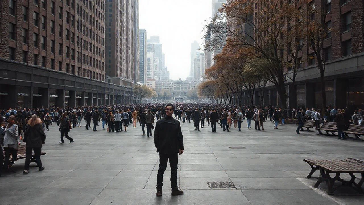 Plaza urbana, silenciosa y melancólica