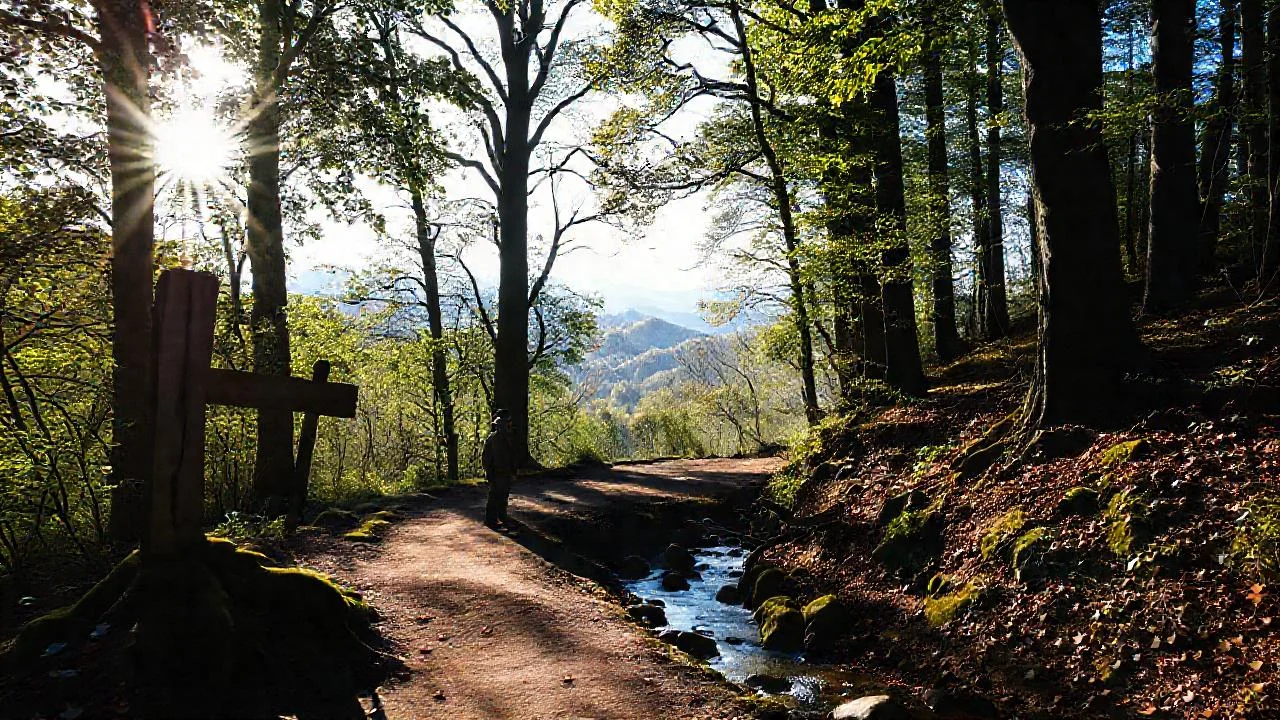 Bosque tranquilo, luz filtrada y senderos