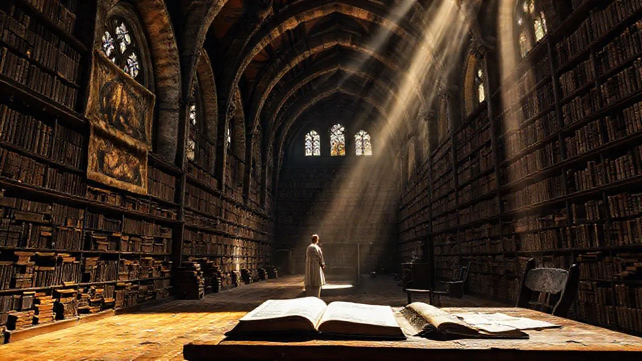 Una biblioteca antigua y misteriosa se extiende