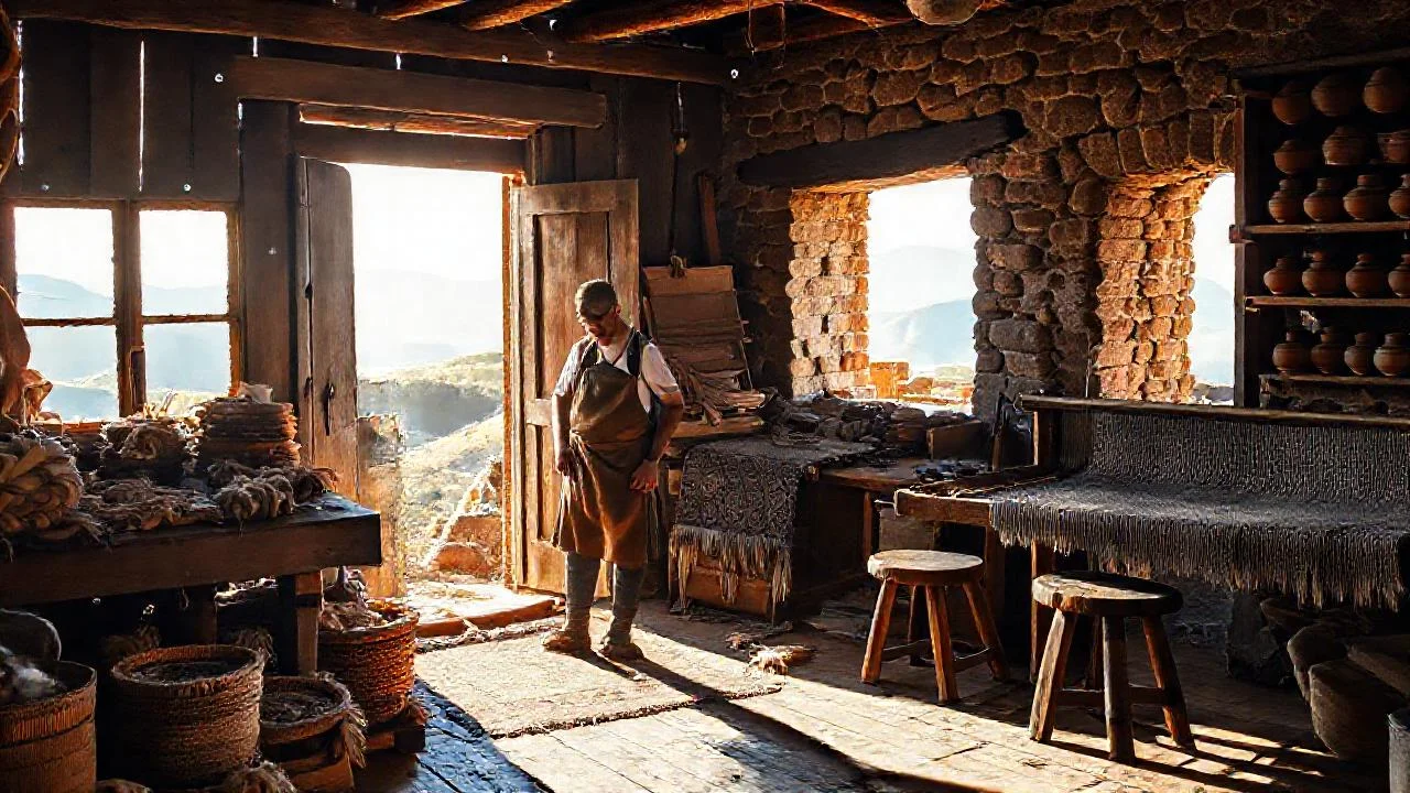 Un artesano trabaja en un taller rural
