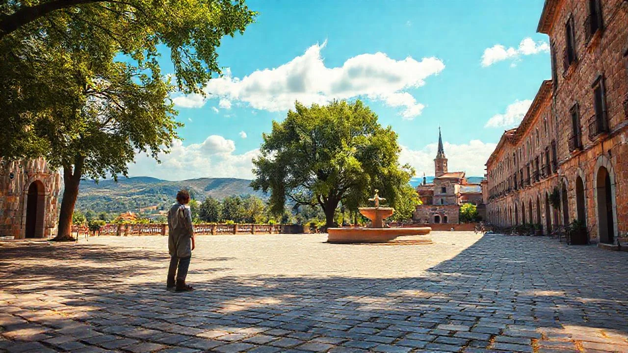 Plaza serena, figura contemplativa y horizonte lejano