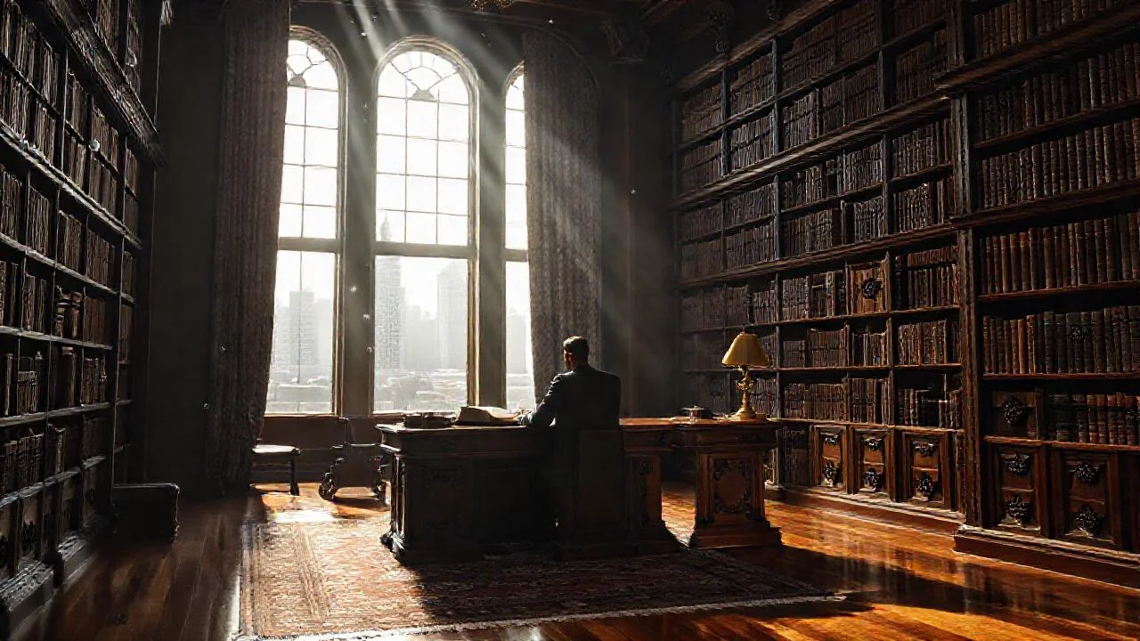Una biblioteca elegante y silenciosa se ilumina