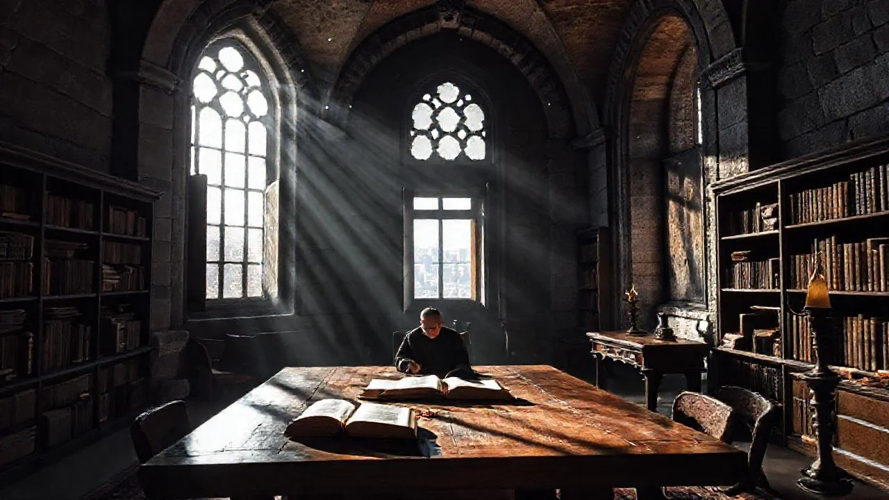 Un sabio observa libros en quietud