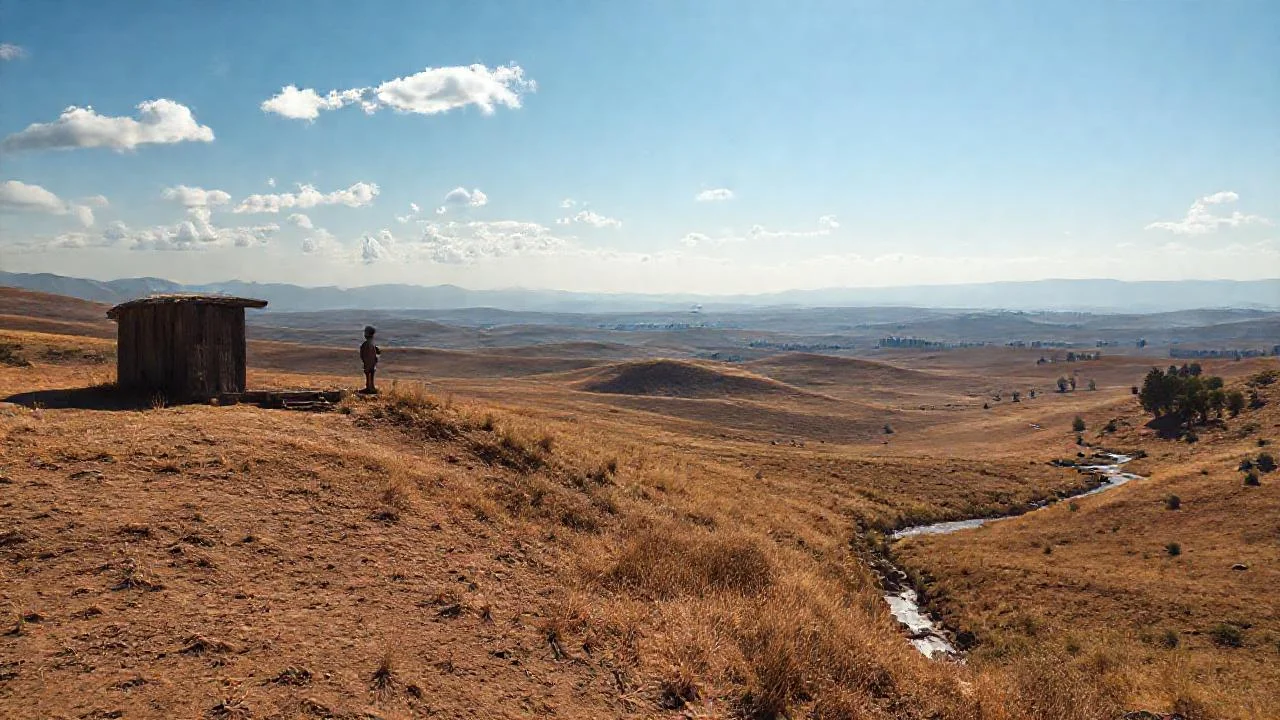 Plano sereno, figura solitaria, horizonte amplio
