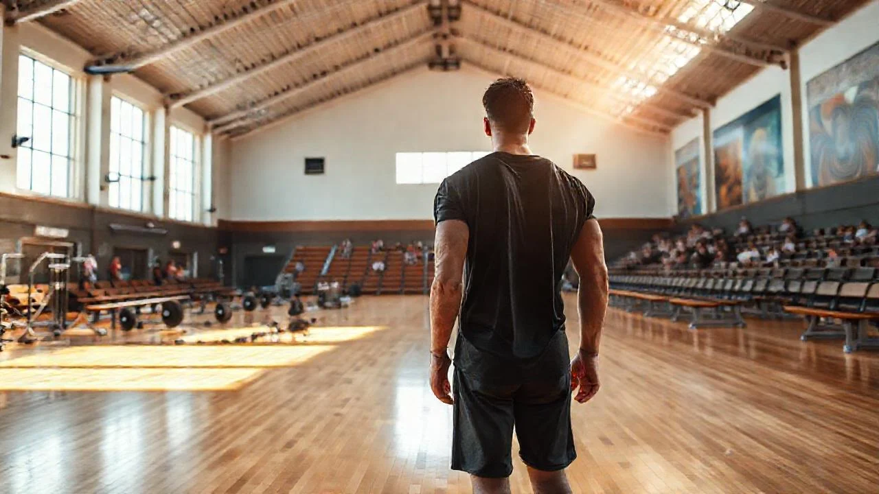 Atleta poderoso en gimnasio iluminado