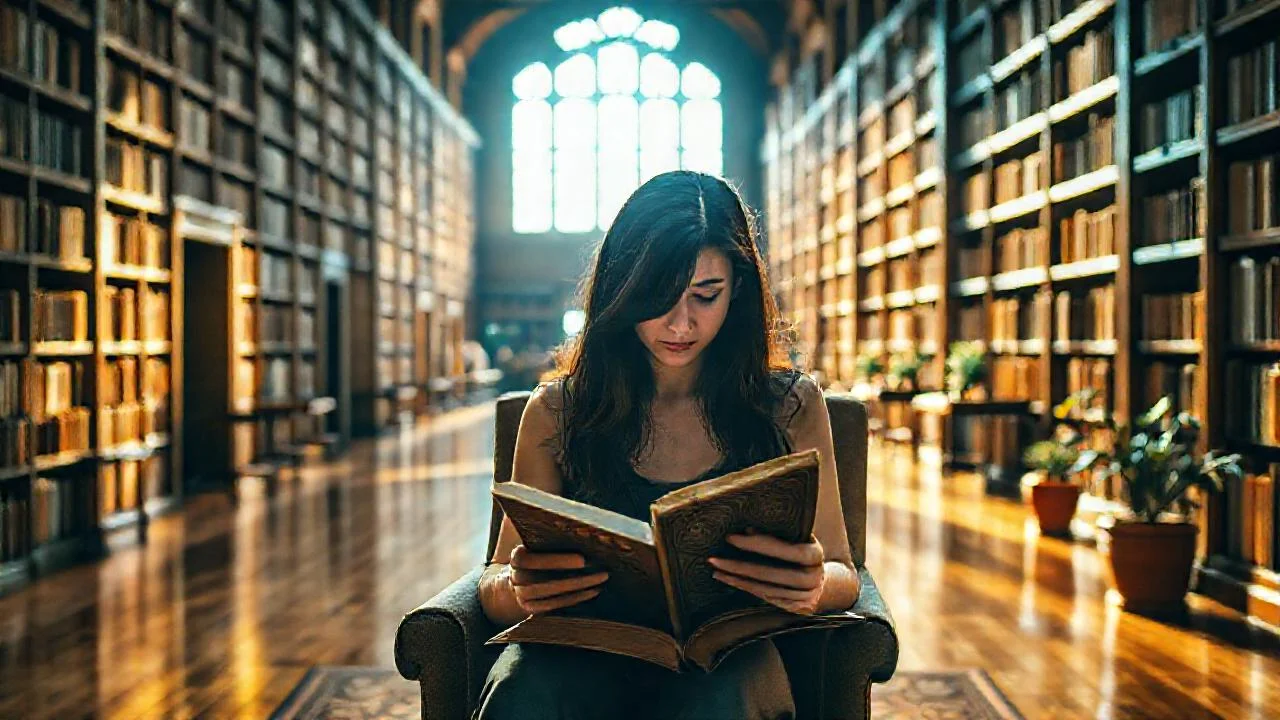 Una joven lee en la biblioteca