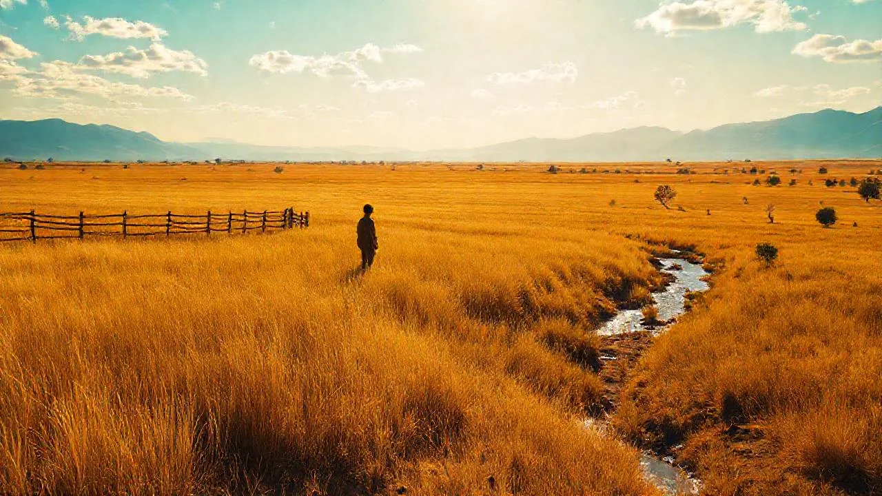 Campo dorado, figura solitaria, horizonte lejano