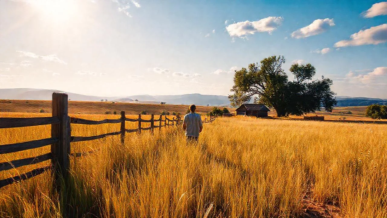 Campo soleado, figura solitaria, tranquilidad rural