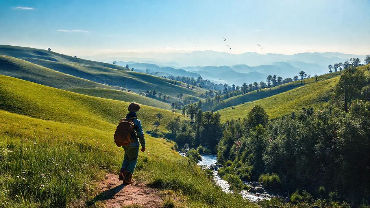 Naturaleza serena y caminante solitario