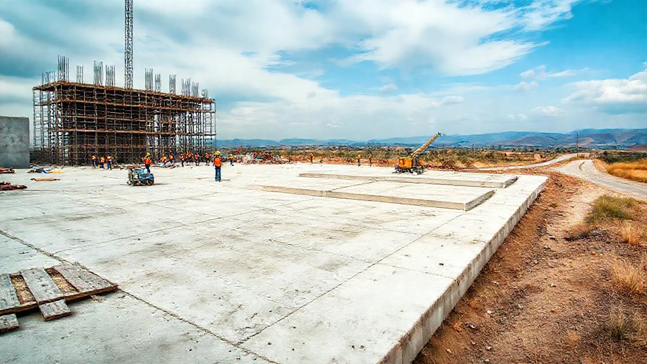 Construcción masiva bajo cielo nublado