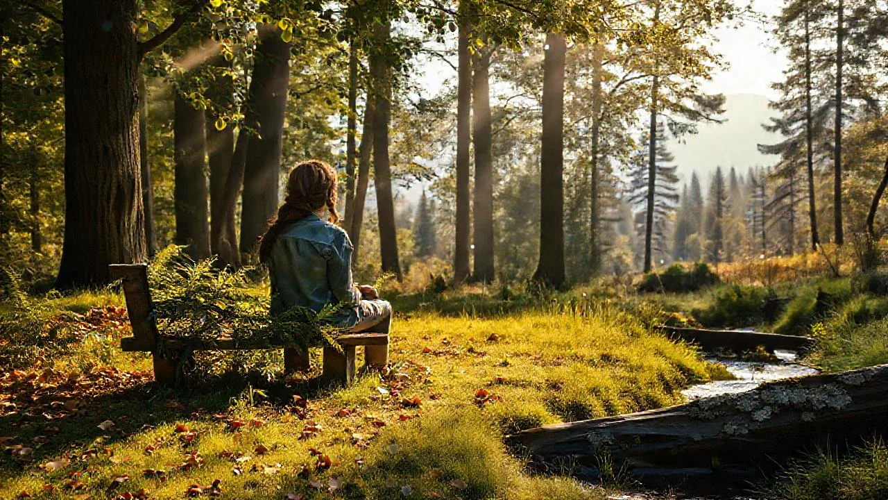 Mujer contempla montañas en un bosque sereno