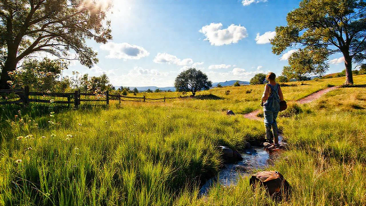 Campo sereno, figura solitaria y cielo azul