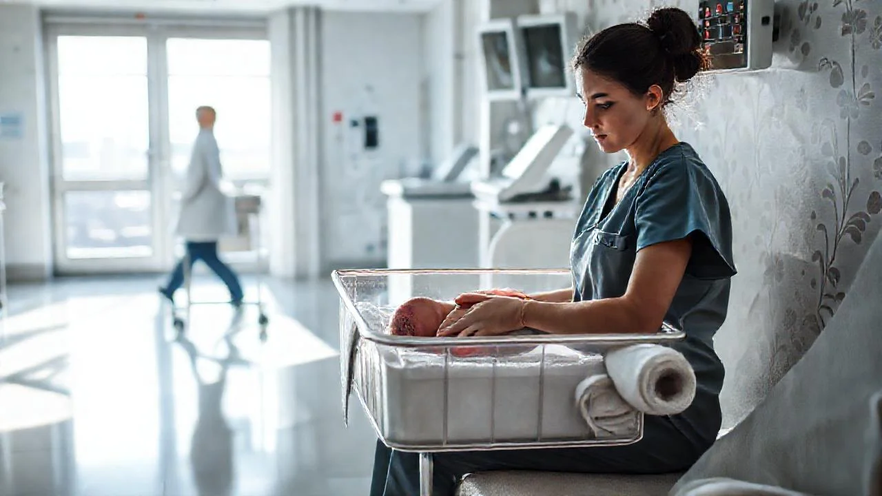Preocupada madre observa al bebé en hospital