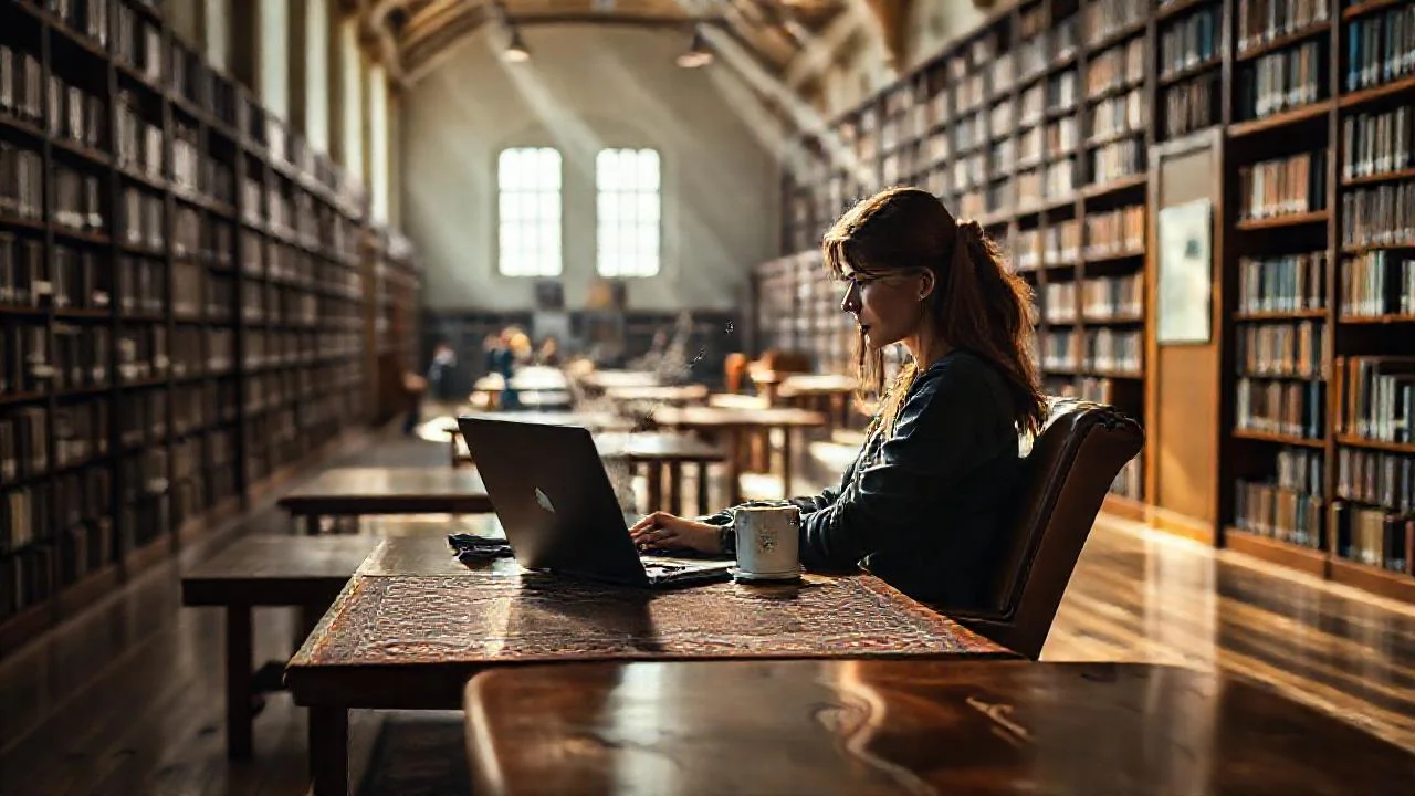 Estudiante concentrada en la biblioteca universitaria