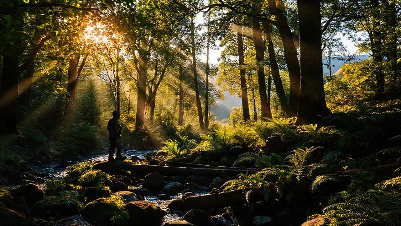 Luz dorada baña un bosque sereno