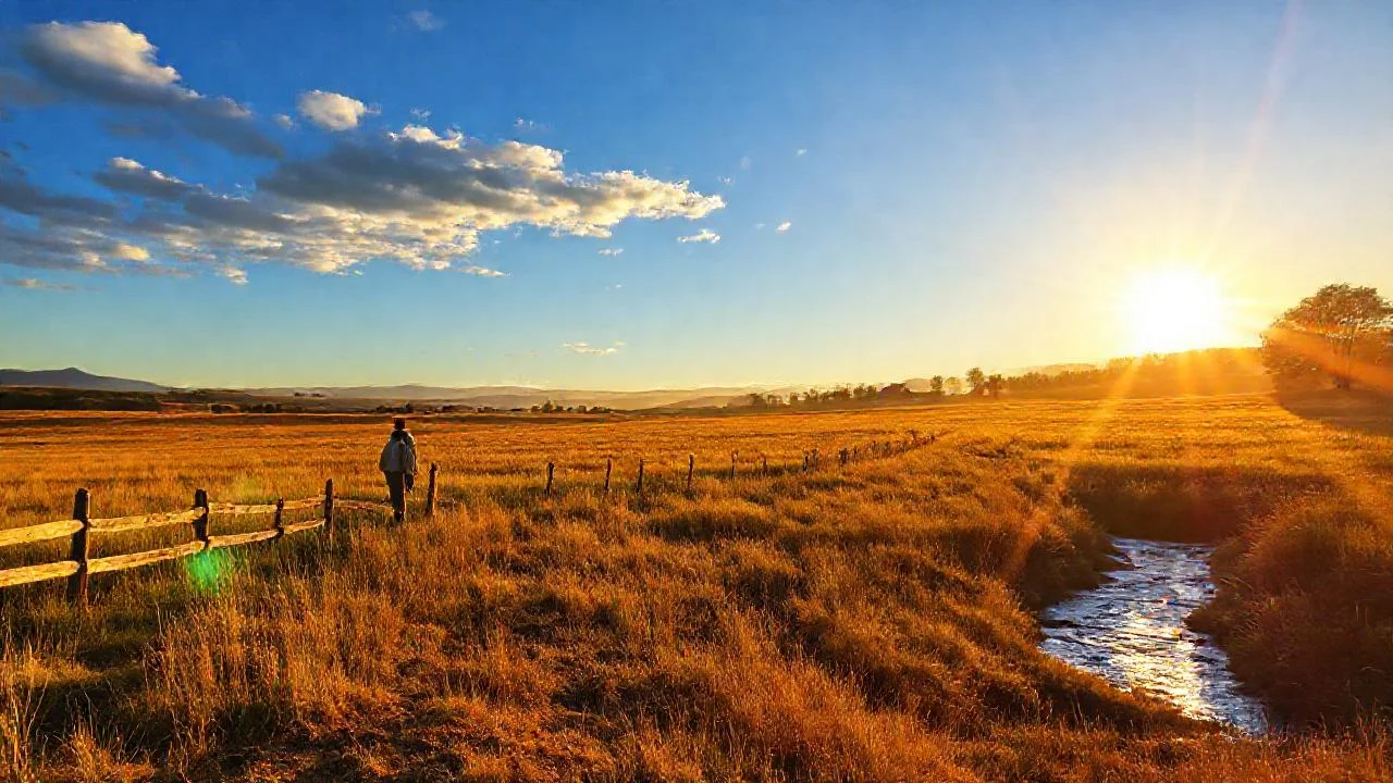 Sol radiante, campo tranquilo y lejano