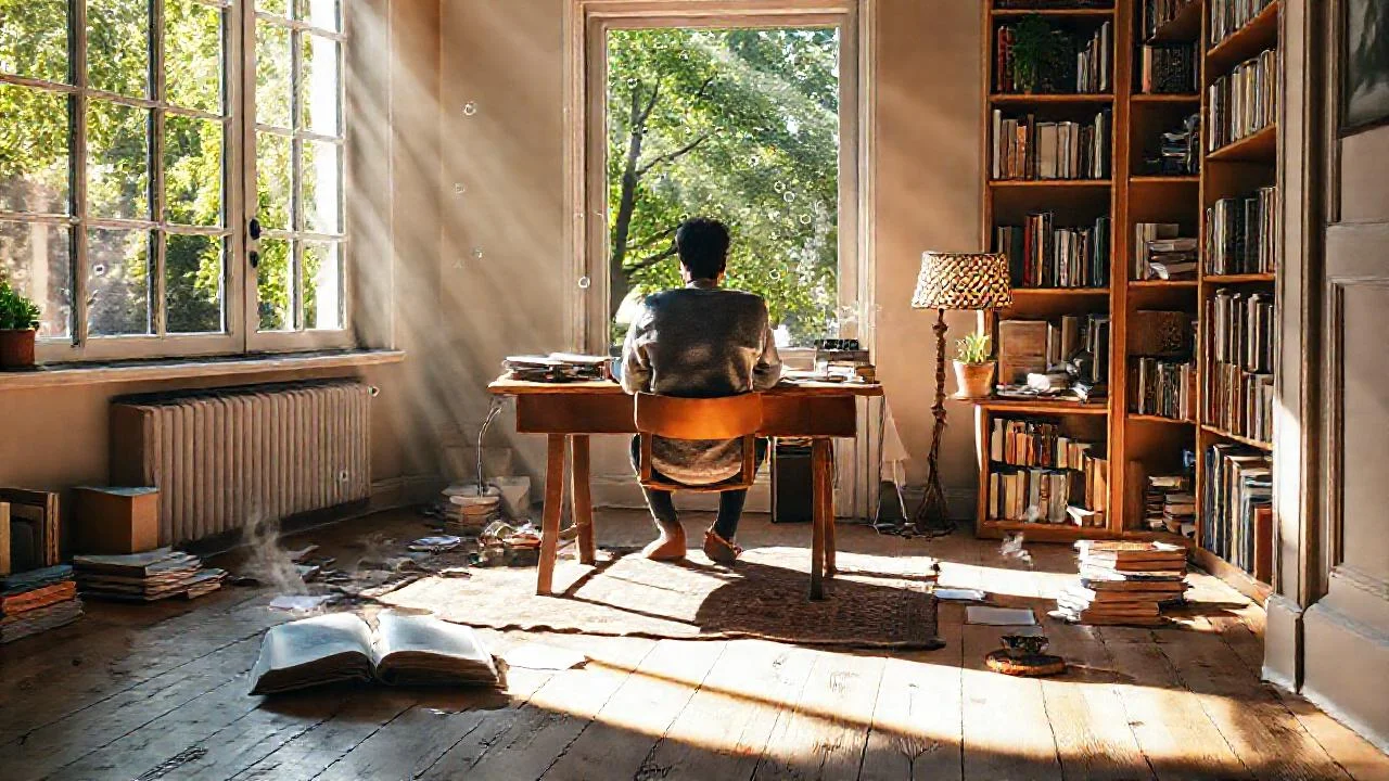 Estudio tranquilo, iluminado y acogedor