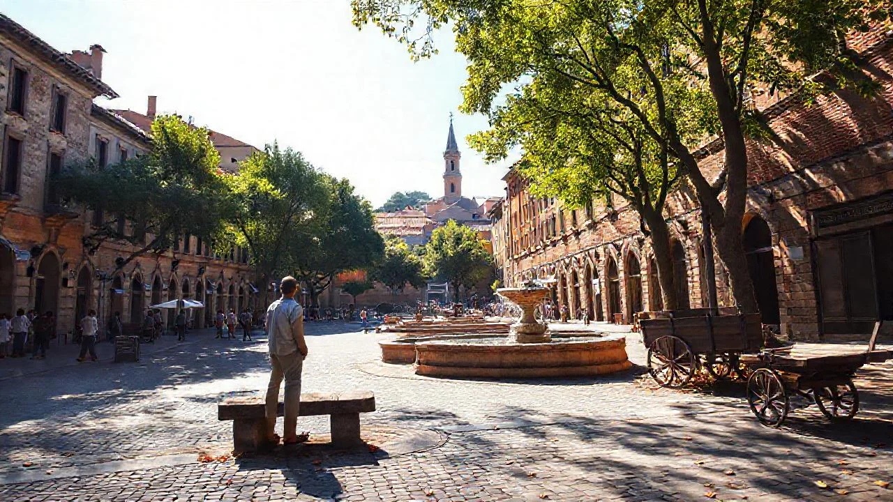 Una plaza antigua, soleada y tranquila