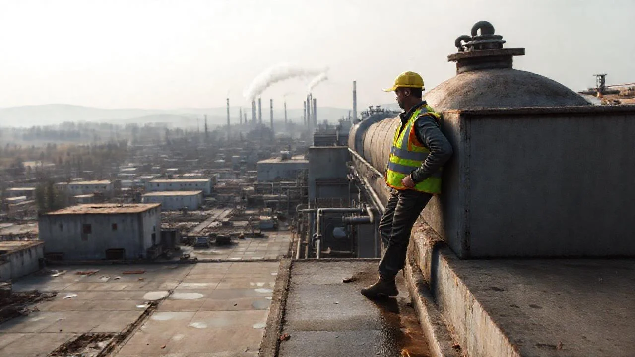 Un complejo industrial grisáceo y solitario